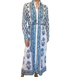 Bella Tu Aster Shirtdress Maxi Blue Floral Cotton Long Sleeve Modest Size Small